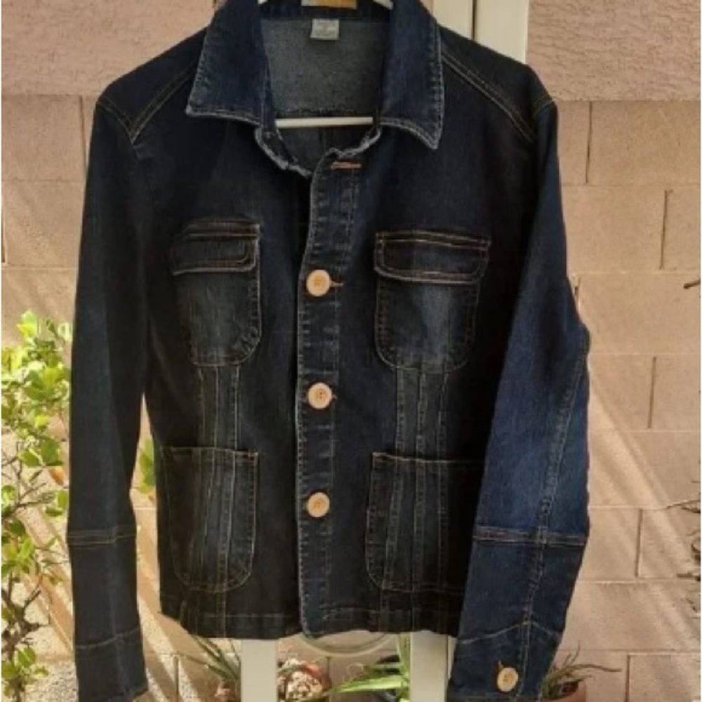 Men's Dark Blue Denim Jacket with Button Accents
